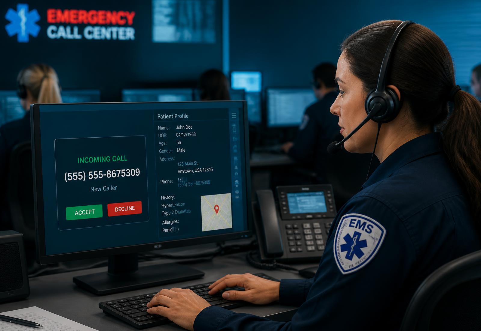 Operadora de central de emergência com pop-up de chamada e prontuário do paciente na tela