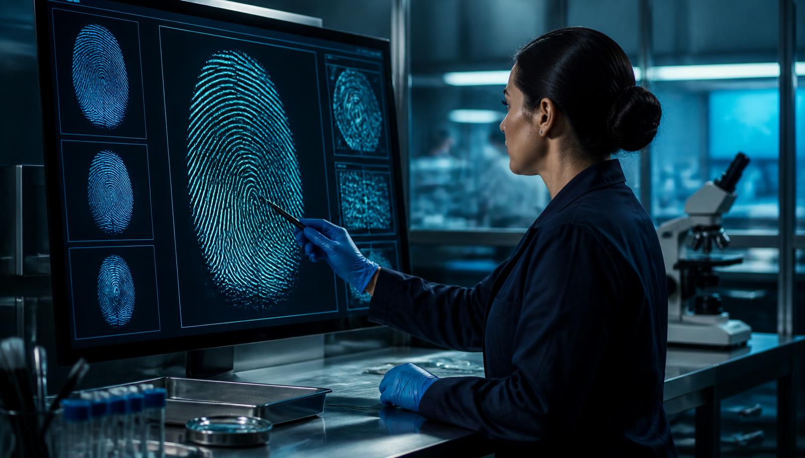 Perita forense analisando padrões de impressão digital em tela de alta resolução em laboratório de identificação