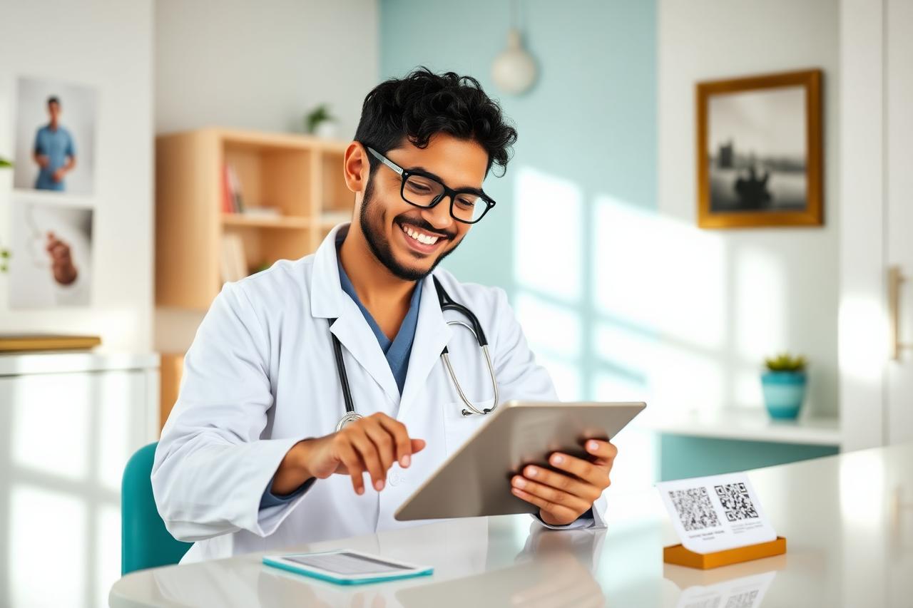 Médico parceiro OUROPREV® consultando o prontuário digital com o cartão QRMed do paciente sobre a mesa